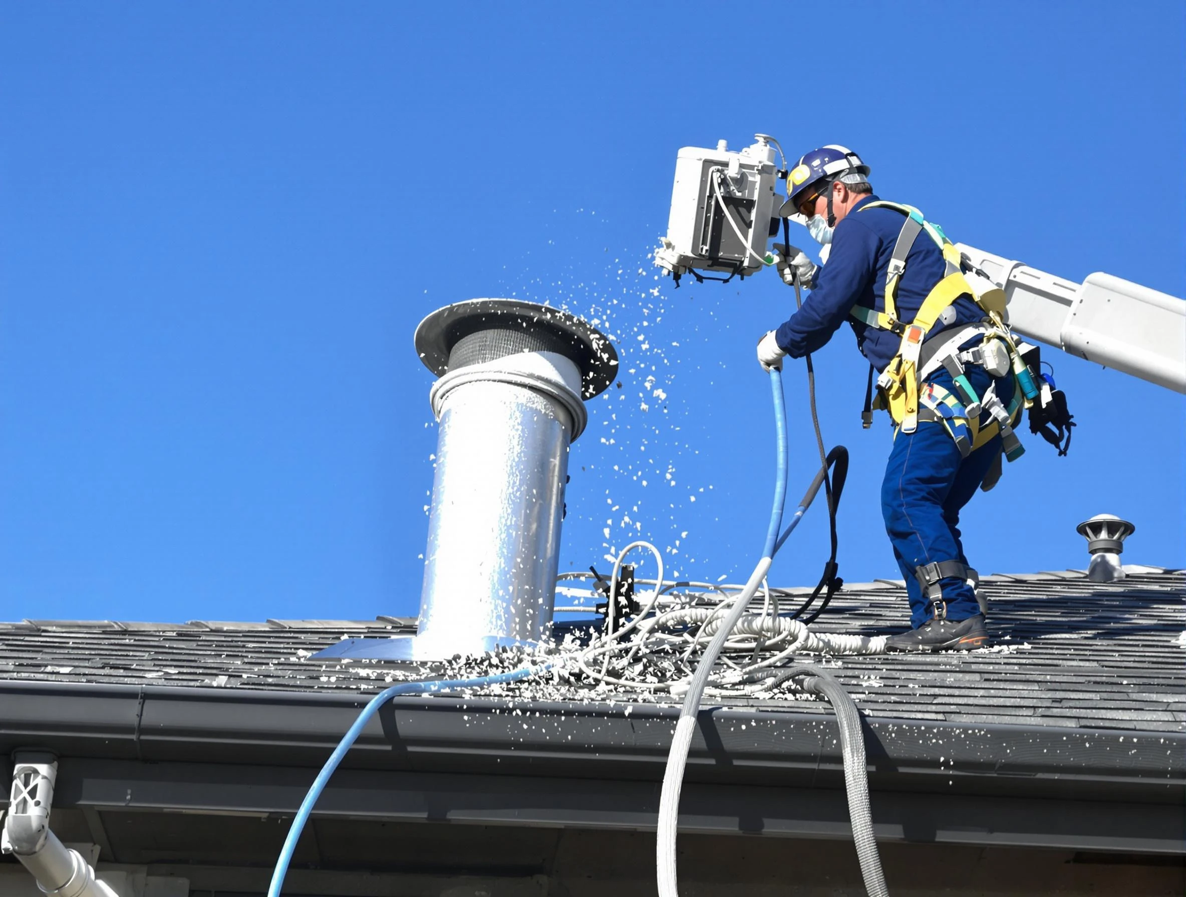 Washington Terrace Dryer Vent Cleaning certified technician safely cleaning a roof-mounted dryer vent in Washington Terrace